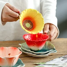 Mugs Creative 3D Handpainted Fusang Flower Sunflower Clivia Enamel Color Ceramic Coffee Tea Set Afternoon Cup Plate 230815