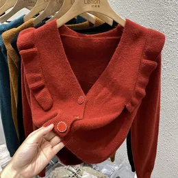 Kvinnors stickor Iyundo Sticked Cardigan 2023 Winter Ruffle Top Design Sense V-Neck Loose Vintage Franska kvinnliga kläder