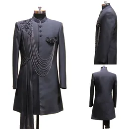 Long Men 's Wedding Blazer Suits Appliques Slim Fit Stand Collar Groom Wear Evening Party Made Made Coat