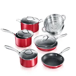10-Piece Non-stick Pots and Pans Cookware Set, Ultimate Durability and Non-stick with Mineral Diamond Triple Coated, Red