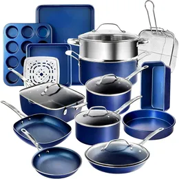 Blue 20 Piece Pots and Pans Set, Nonstick Cookware Bakeware Set