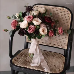 結婚式の花Eillyrosia Retro Burgundy Dark Red Bouquet for Bride Eucalyptus Peony Bridal Da Sposa Bruidsboeket
