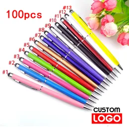 Ballpoint Pens 100 أقلام من كل حزمة Mini Metal 2-in-1 Stylus Universal Pare Pens نص نقش مخصص للمدرسة الإعلانية PEN 230815