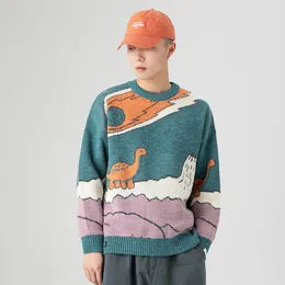 Мужские свитера 2023 Весенний мультфильм динозавр вязаный свитер мужчины женщины зимний винтаж свободный пуловер. Слушанная уличная одежда Путя Homme 230815