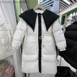 여성용 파카 스 2022 겨울 느슨한 앞치마 지퍼 단색 재킷 긴 목 캐주얼 어울리는 따뜻한 흰색 오리 다운 여자 다운 코트 Z230817