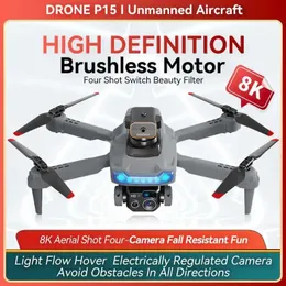 P15 Mini -Drohne GPS 8K HD Profisional 4 Kameras Hindernisvermeidung 5000 m faltbare UAV -optische Fluss schweben+GPS+8K Elektrisch einstellbares Vier Objektiv+bürstenloser Motor