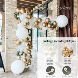 Andra evenemangsfestleveranser 133 st. Set White Balloons Metallic Gold Latex Balloon Garland Kit Wedding Happy Birthing Christmas Christmas Christmas Year Decor 230815