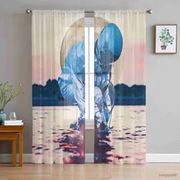 Cortina astronauta lua com janela oceânica tratamento tule cortinas modernas para quarto quarto de estar pura cortinas de cafeter