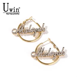 Hoop Huggie UWIN Custom Crystal Name Earrings 30MM100MM Iced Out Stone Personalized Letter Big Trendy Women Jewelry 230815