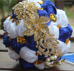 Hochzeitsblumen Gold Brosche Schmuck Kristalle Braut Bouquet Künstliche Rosen Strasssteine ​​Royal Blue White de Mariage Exotique