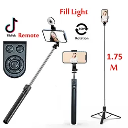 Selfie monopods 175 m lång utökad bluetooth trådlös pinne live broacast stream stativ hållare stativ fällbart fyllning ljus för smartphones 230816