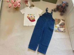 designer Baby Clothes Tracksuit Size 90-140 CM 2pcs Cartoon character printed T-shirt and suspender jeans pants or Denim skirt July10