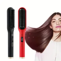 Multifunktionell hårstrånare kamel Elektrisk uppvärmningskam Anti-Scaling Ceramic Curling Iron med LCD-skärm hårrätning kam