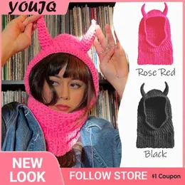 Beanie/Skull Caps Y2K Party lustige Neuheit Hornhut Mode Frauen Wolle Cartoon Pink Knit Hut Teufel's Horn Balaclava Beanie 230815