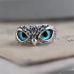 With Side Stones Retro Blue Eye Owl Adjustable Sier Rings Cute Men And Women Simple Design Animal Ring Jewelry Wholesale Drop Delivery Dh3Zj