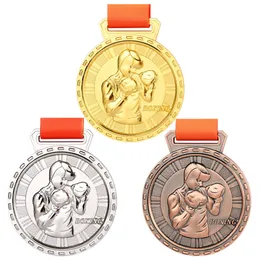 Dekorativa föremål Figurer Boxing Medal 3D Award Medallions Fight Taekwondo Wrestling Sports Competition Blomma Medals Gold Silver Bronze With Ribbon 230815