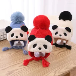 Berets Winter Cute Panda Kids Hats Big Pom Warm Knitted Hat Plush Boys Girls Caps Cartoon Ear Flap Windproof Toddler