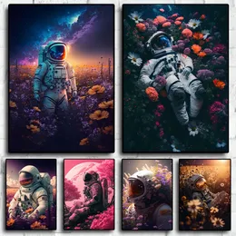 Retro Space Flowers Canvas Painting Astronauts Beauty Cosmic Posters And Print Pictures Art Wall For Living Room Kids Bedroom Home Decor Gift Wo6