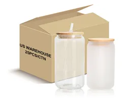 USA CA Warehouse 16oz Sublimation Clear Can Can Glass Mug 16oz Beer Can Can Can Can With Bamboo Lid and Straws