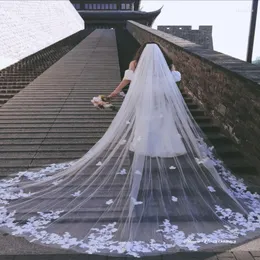 Véus de noiva Real Po One Layer Cased Wedding Véil com aço pente de aço de 3 metros de comprimento Catedral de borda de renda larga mm mm
