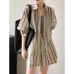 여자 반바지 수직 줄무늬 패션복 여름 선 보호 셔츠 캐주얼 2 피스 세트