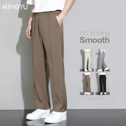 Herrbyxor mingyu varumärke sommaren ruched design kostym affär rakt elastisk midja brun korea casual formella byxor man m-4xl