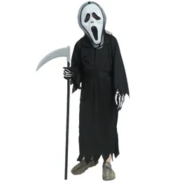 Ocasões especiais Halloween Horror gritando fantasia fantasma Kid Terrible Black Robe Vestor Up Devil Dark Messenger Scythe Cosplay Set Máscara 230815