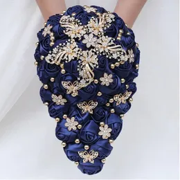 웨딩 꽃 Eillyrosia navy blue bouquet for bride satin 장미 보석 브로치 폭포 실크 인공