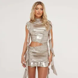 Casual Dresses Sexy Clubwear Shiny Metallic Hollow Out Ruffle Mini Dress 2023 Summer Womens Outfits Turtleneck Tassels Bodycon Party