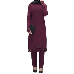 Etnik Giyim Fas Kadınları Set Vintage Müslüman Setler Uzun Kollu Blon Pant Pant Pant Pantolon Katı Dubai Türkiye Abaya İslami