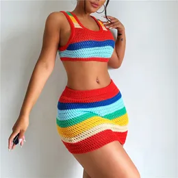 Vestido de duas peças tricotado vestido listrado conjunto de saia de duas peças de verão mulheres sexy crochê mini mini vestido casual colheita top y2k 2 peças se ajusta 230815