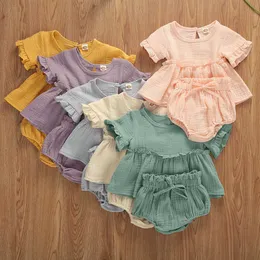 Комплекты одежды Цвета Summermr для новорожденных девочек Хлопковая одежда с оборками Рубашки с короткими рукавами + шорты 2 шт. Одежда для младенцев Наряды