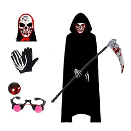 Special Occasions Halloween Devil Dripping Blood Mask Scary Costume Grim Reaper for Boys Kids with Glowing Red Eyes Gloves 230815