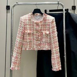여성 재킷 가을 윈터 스타일의 사교계 프린지 꼰 트위드 짧은 코트 벚꽃 가루 둥근 둥근 목 블라우스 230815