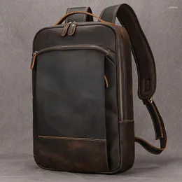 Okul çantaları vintage erkekler çılgın at deri sırt çantası gerçek retro rucksack büyük klasik seyahat büyük dizüstü bilgisayar çantası