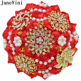 Hochzeitsblumen Janevini luxuriöser Goldkristall -Strass -Bouquet Bridal Red Artificial Pink Perlen Satin Rose Perlen Blumensträuße