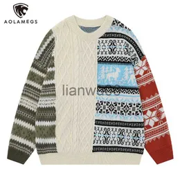 Herrtröjor vintage etisk stil jacquard patch färgblock tröja för män överdimensionerad oneck rib hylsa stickad pullover mode par stickat j230806