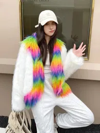 Winter Fluffy Coat Women Fur Tops Rainbow Collar Loose Faux Fur Coat Women White Fur Jacket Christmas Festival Clothing