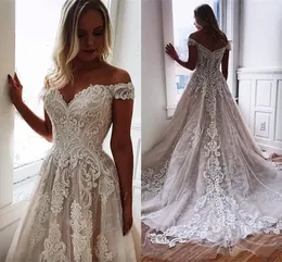 Wunderschöne eine Linie Brautkleider von Schulterspitzen Applikationen billig Plus -Größe Hochzeitskleid Brautkleider Sweep Zug formelle Kleid