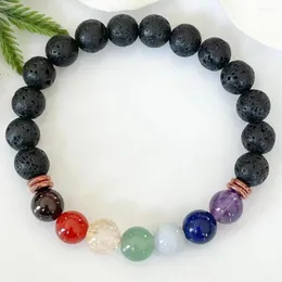 Link Bracelets MG1908 8 mm Rock Lava Stone 7 Chakra Beads 팔찌 여성용 보석 크라운 손목 Mala Yoga Jewelry