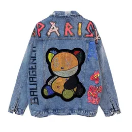 Giacche da donna Spring e Autumn Bear Diamonds Giacche in denim per donne Letter Pearl Jean Coats and Jackets Oversize Streetwear Woman 230815