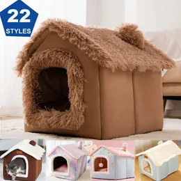 Canelas de canis Cama de gato dobrável Cama de sono A quente caverna cachorro canil removível Caverna de almofada de almofada Sofá de cabanas suaves para gatos Kittens Puppy Nest 230816