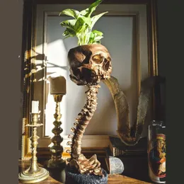 Decorative Objects Figurines Scary Halloween Decorations Skull Planter Spine Stand Sets Resin Handicraft Home Accessories 230815