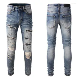 Jeans masculinos homens retro azul elástico slim fit destruído rasgado designers de patches de hip hop calças de hip hop