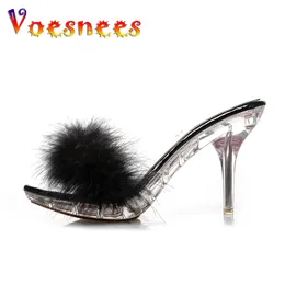 Slippare Voesnees Summer Women's Slippers With Fur Crystal 9 cm High Heel Fish Mouth Clear Fine Female Shoes Black 230816