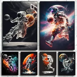 Canvas Painting Space Astronaut Play Basketball Fire Ball Colorful Sports Posters And Prints Wall Art For Sports Room Boys Bedroom Home Decor Wo6