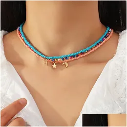 Boncuklu Kolyeler Kadın Moon Star Charms Colorf Tohum Boncuklar Kolye Boho Gökkuşağı Chocker Yaz Plajı Takı 3 PCS/Set Damla Teslimat P DHEQJ