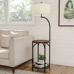 Lâmpada de piso com mesa mesa lateral rústica moderna com porta de carregamento USB, lâmpada LED e sombra em forma de tambor, com prateleiras por prateleiras