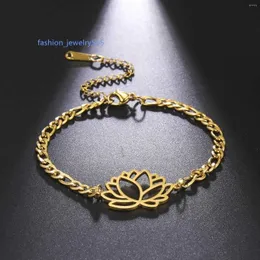 Kettenglied Armbänder Edelstahl Lucky Hollow Lotus Blume Anhänger Charm Kubanische Kette für Frauen Mode Elagant Jewelry Party Geschenke