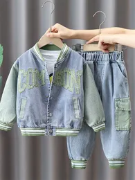 Clothing Sets Fashion Children Suits 2 10Years Toddler Boys Clothes Kids Patchwork Color Denim Jacket Pants 2 Pcs Outfits 230815